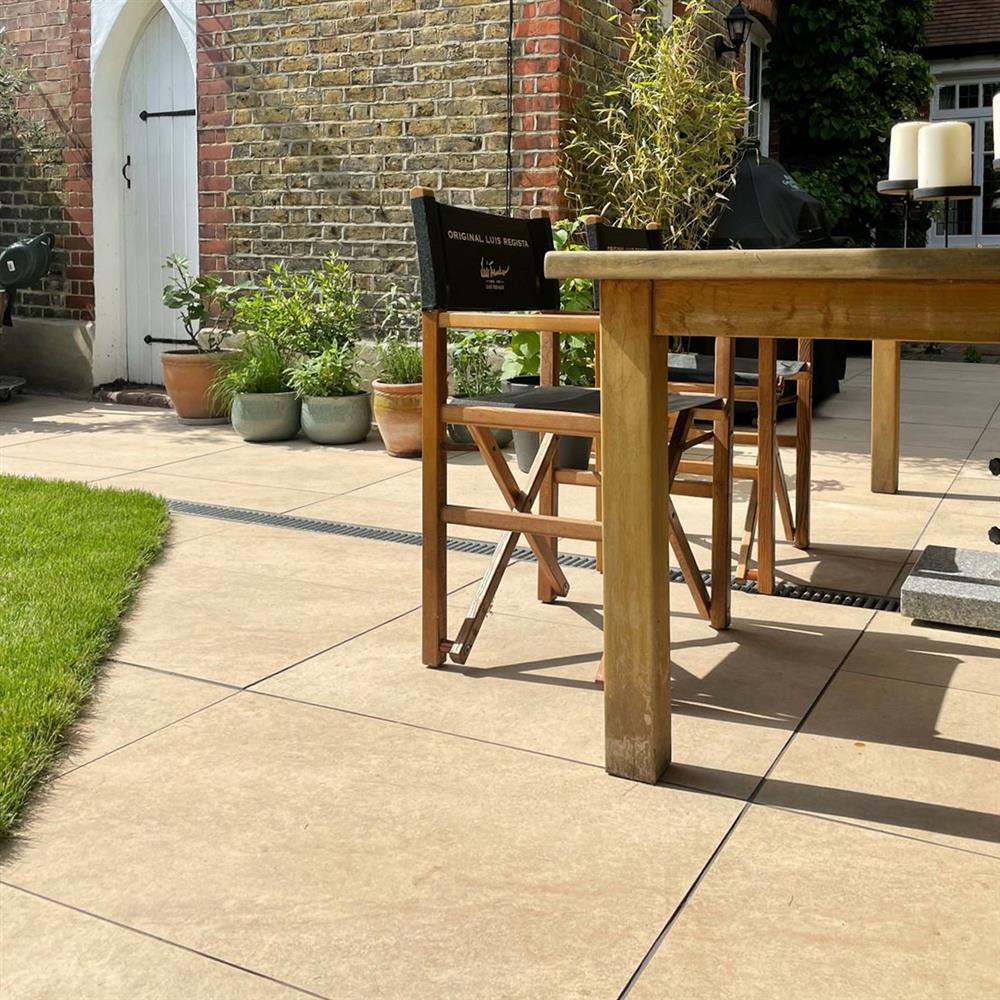 Martello beige porcelain paving on a garden patio